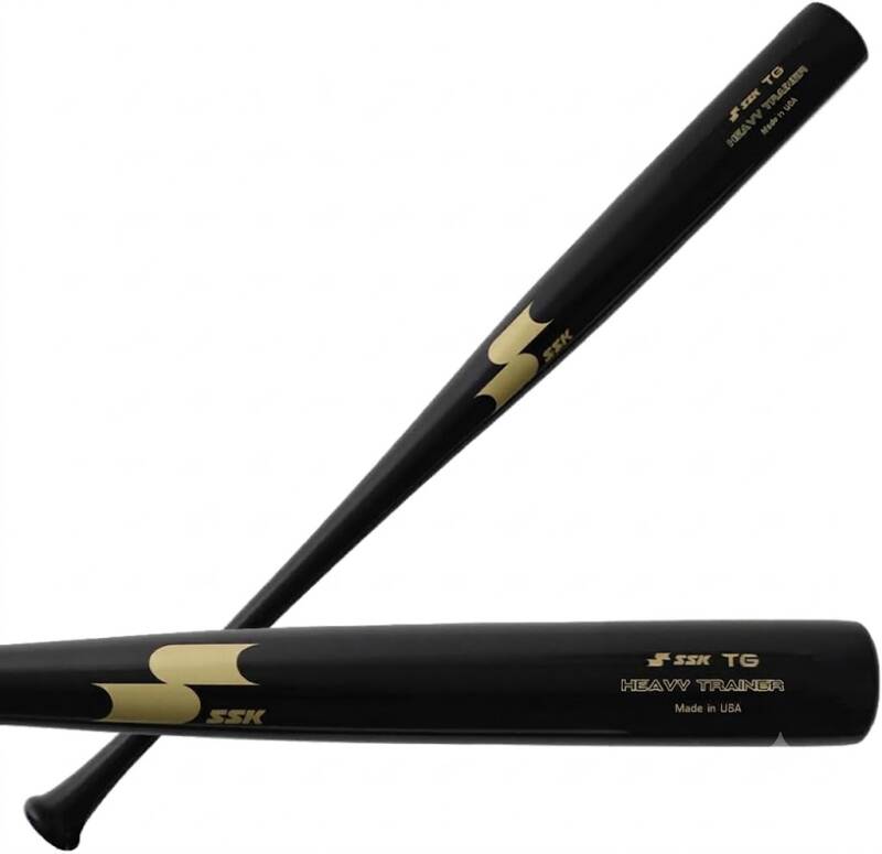 SSK Heavy Training Bat in glossy black with gold SSK logo, a weighted wood trainer made in the USA for building bat speed and strength.