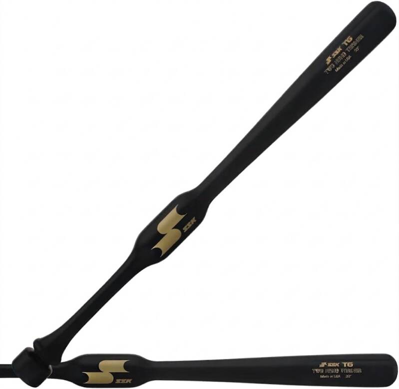 SSK Training Gear Two Hand Baseball Training Bat in black with gold logo, featuring a contoured two-hand grip section for swing mechanics drills.