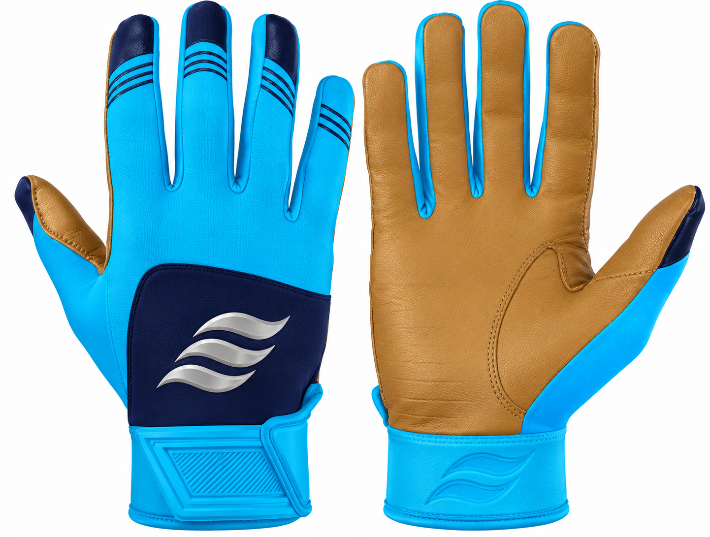 Batting gloves by SSK with cabretta leather palms, in light blue and tan.