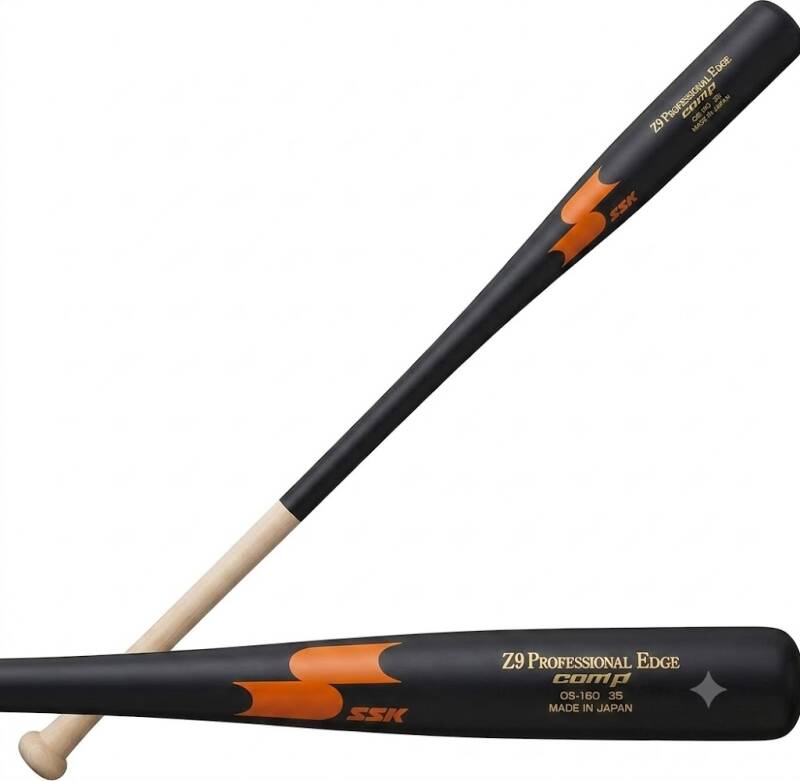 SSK Z9 Professional Edge Comp Coaches Wood Fungo Bat in black with orange SSK logo and natural handle, made in Japan for hitting infield and outfield practice.