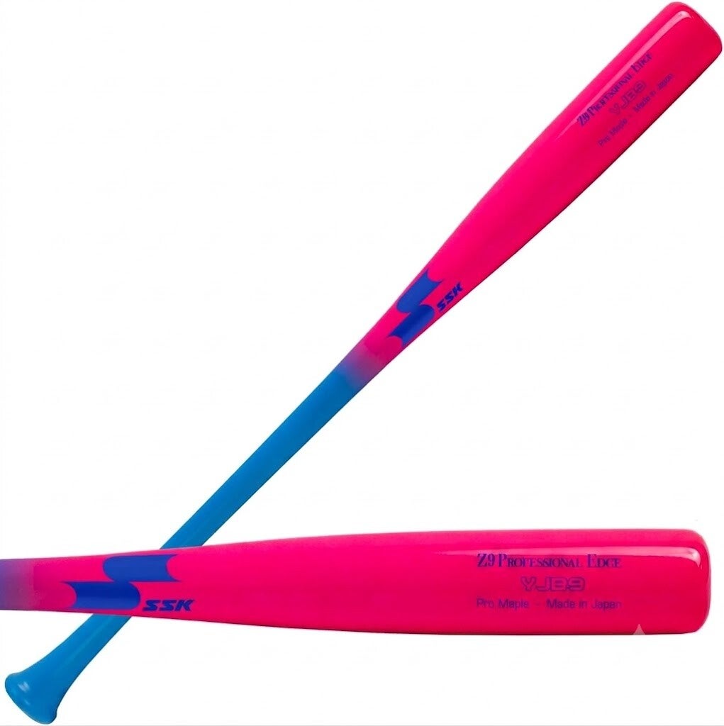 SSK Z9 Professional Edge Youth -5 Maple Wood Baseball Bat in pink and blue fade with blue SSK logo, pro maple made in Japan and sized for youth players.