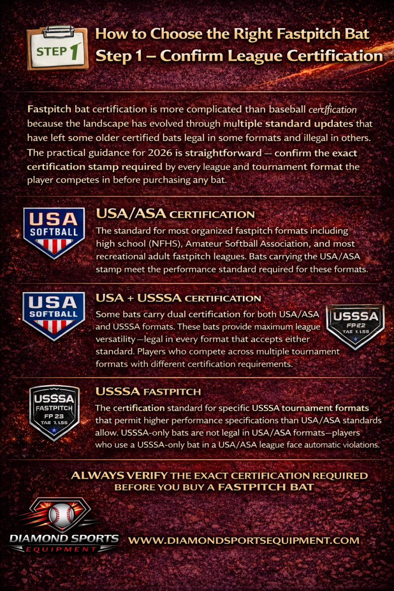 Fastpitch bat certification guide showing USA/ASA, dual USA plus USSSA, and USSSA-only approval differences for league eligibility.