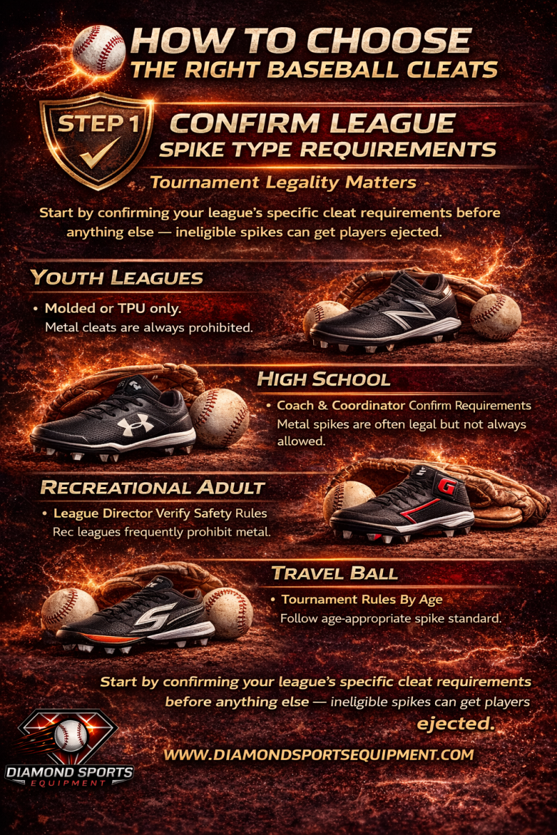 Step 1 baseball cleats infographic explaining league spike type requirements for youth, high school, recreational adult, and travel ball with compliance guidance