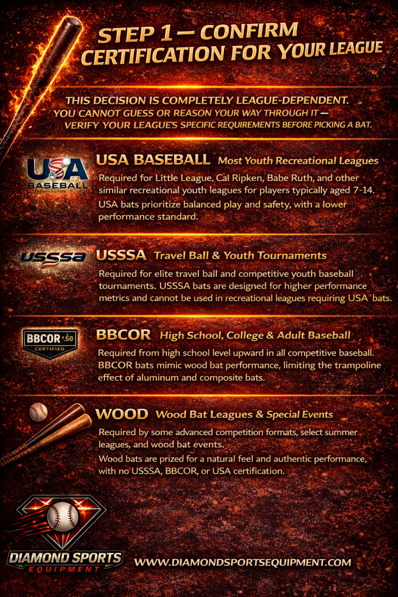 Baseball bat certification infographic showing USA, USSSA, BBCOR, and wood bat differences with league compliance guidance on a fiery cosmic background with Diamond Sports Equipment logo