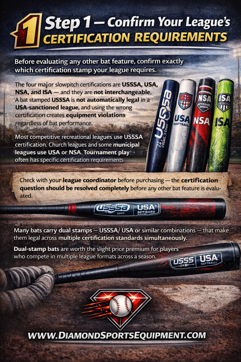 Infographic showing slowpitch softball bat certification differences, including USSSA, USA, NSA, and ISA requirements for league legality.