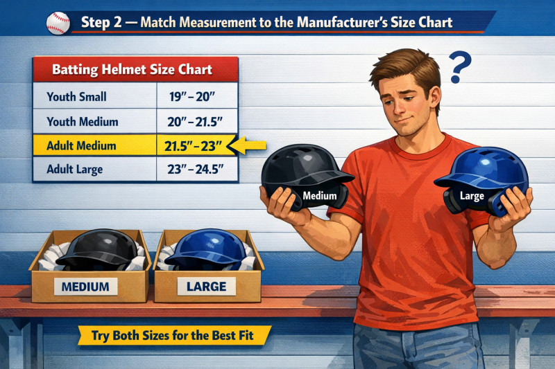 Baseball helmet size chart guide comparing measurements to manufacturer sizing for proper fit