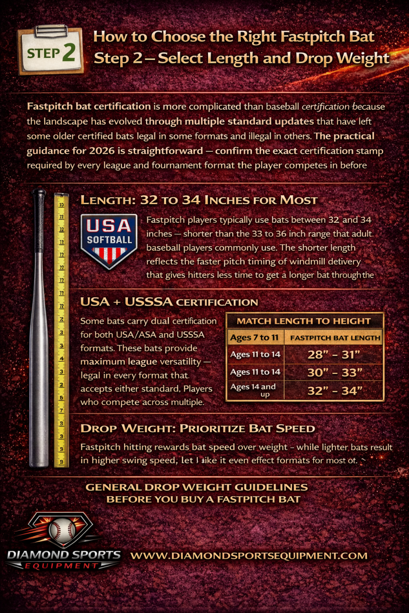 Fastpitch bat sizing infographic explaining proper length selection and drop weight ranges based on age and swing speed.