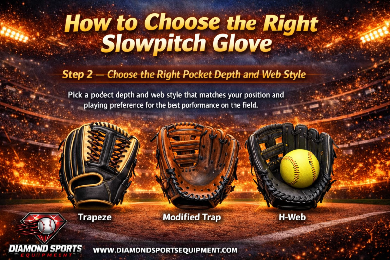 Slowpitch glove web style infographic showing trapeze, modified trap, and H-web pocket designs for different field positions.