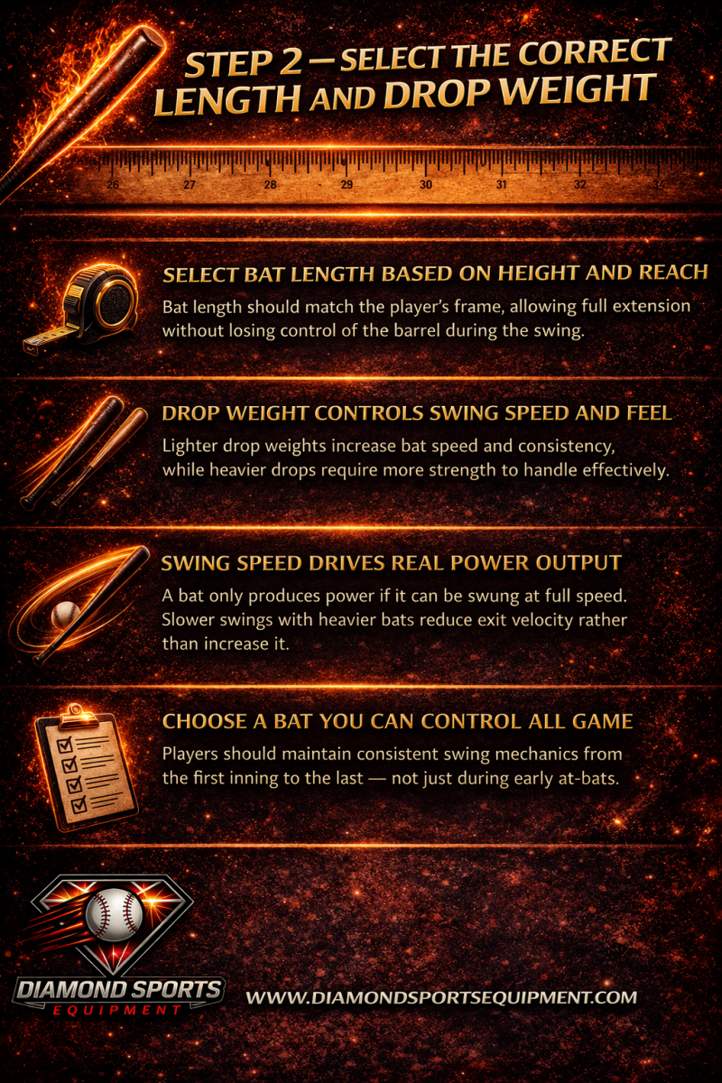 Baseball bat sizing infographic showing bat length and drop weight selection with focus on swing speed and control on a fiery cosmic background with Diamond Sports Equipment branding
