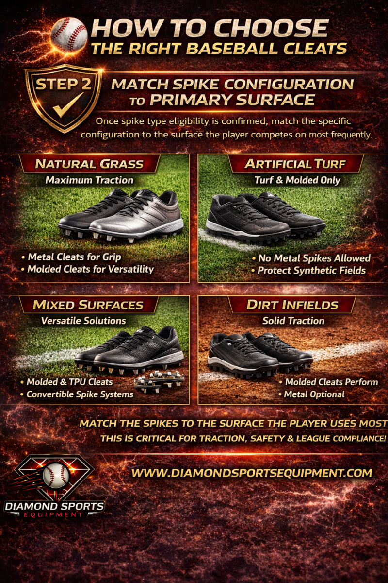 Step 2 baseball cleats infographic showing how to match spike configuration to surface including natural grass, artificial turf, mixed surfaces, and dirt infields with traction recommendations