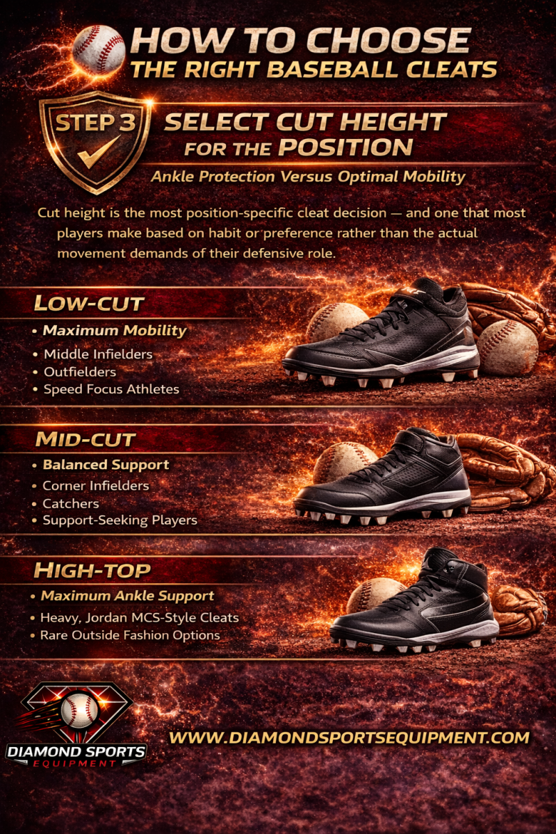Step 3 baseball cleats infographic showing low-cut, mid-cut, and high-top options with position-specific recommendations on a fiery cosmic background with Diamond Sports Equipment branding