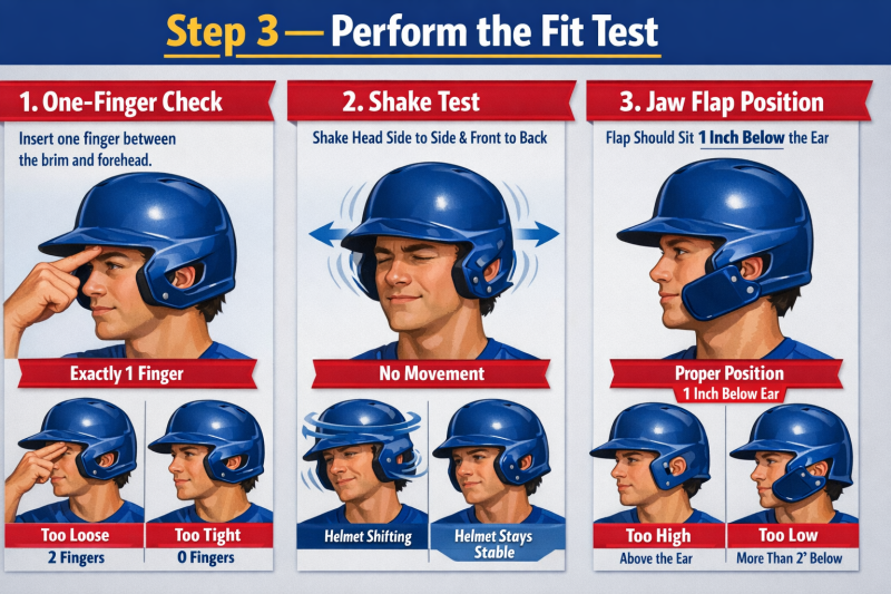Baseball helmet fit test infographic showing one-finger check, shake test, and jaw flap positioning