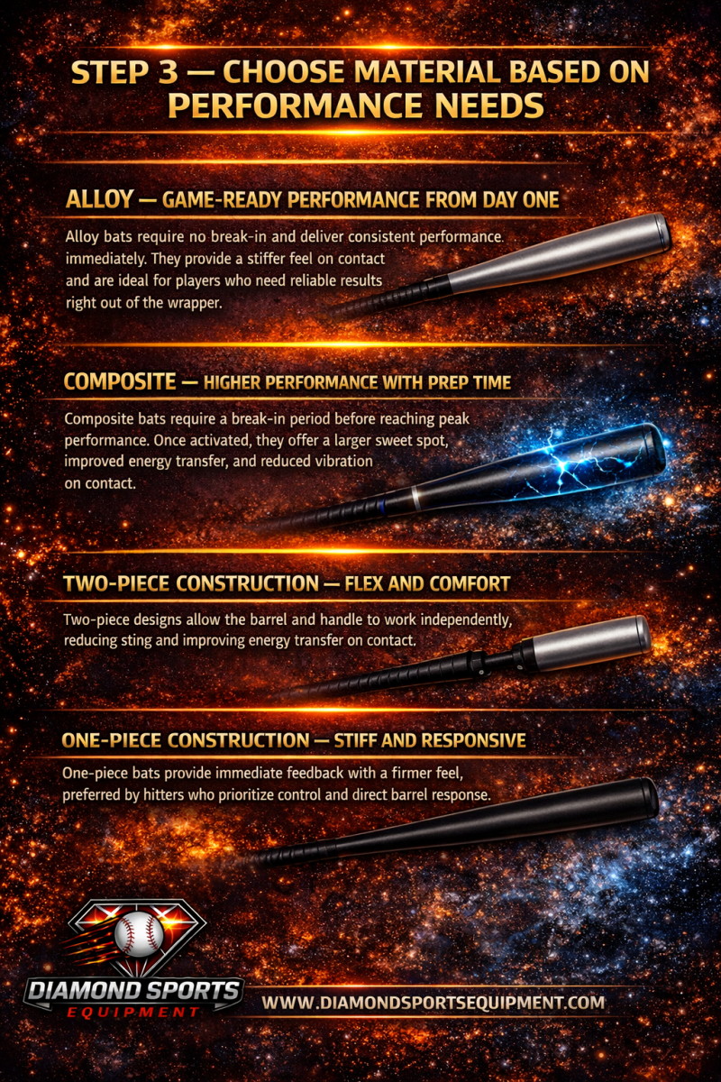 Baseball bat material infographic comparing alloy, composite, two-piece, and one-piece construction with performance benefits on a fiery cosmic background with Diamond Sports Equipment logo