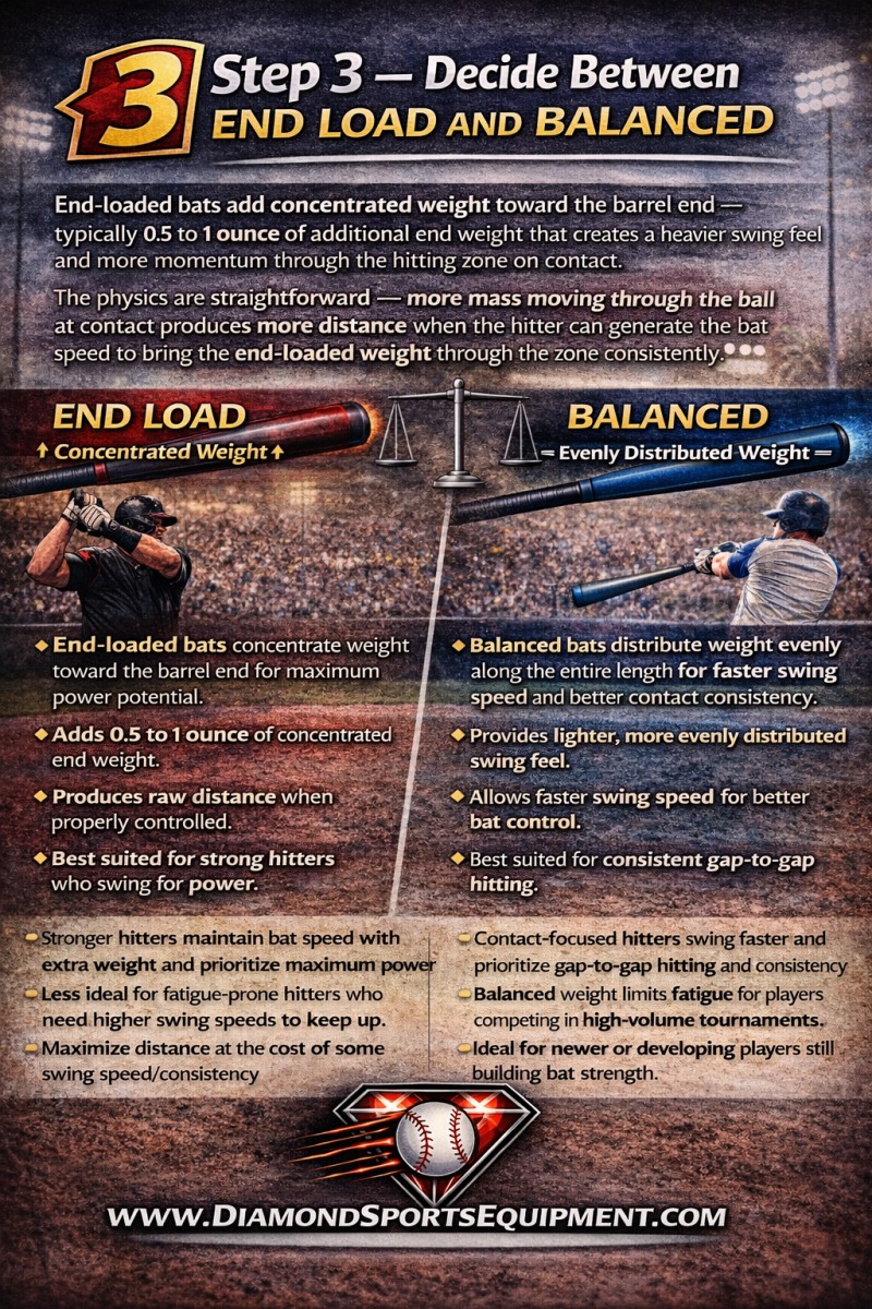 Infographic comparing end-loaded and balanced slowpitch bats, highlighting differences in swing weight, power, and bat speed.