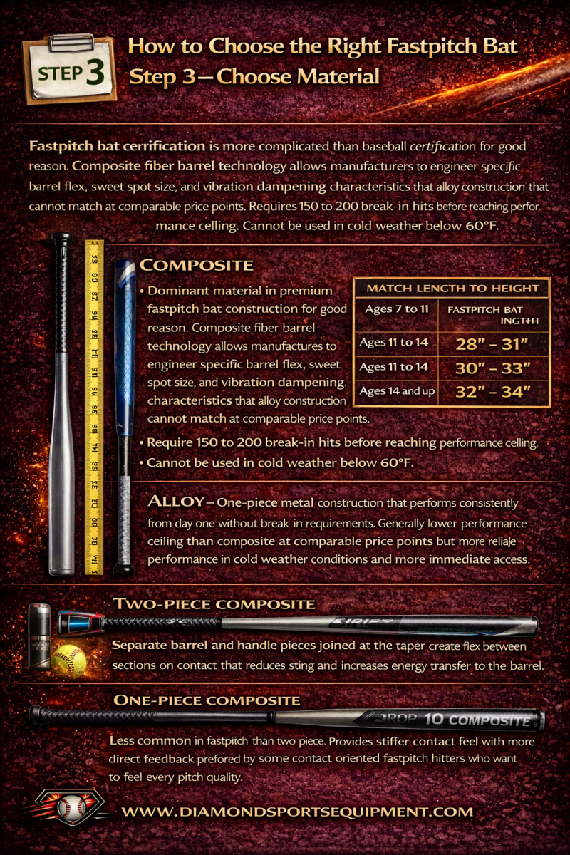 Fastpitch bat material comparison covering composite, alloy, two-piece, and one-piece construction performance differences.