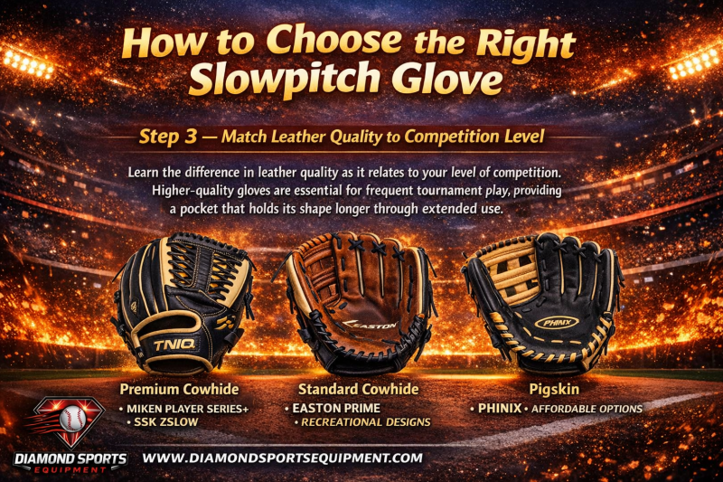 Slowpitch glove leather comparison infographic showing premium cowhide, standard cowhide, and pigskin options for different competition levels.