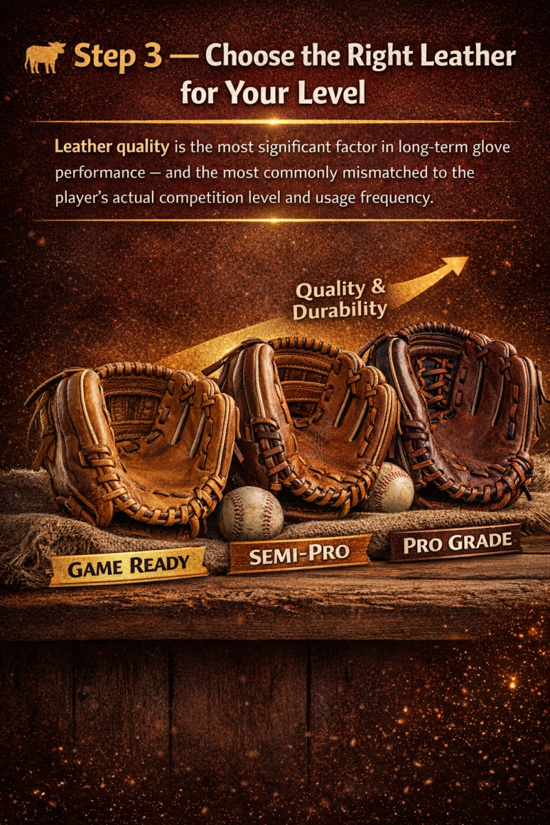 Step 3 baseball glove leather quality comparison showing game ready, semi-pro, and pro grade gloves with durability progression