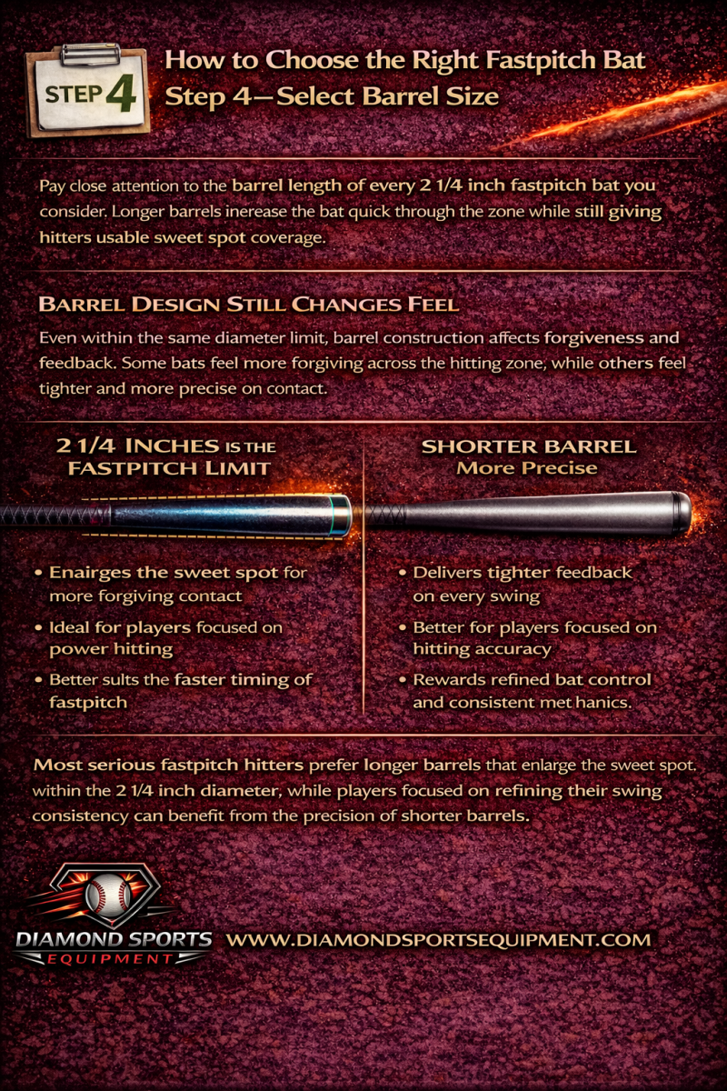 Fastpitch bat barrel diameter explanation highlighting the 2 1/4-inch limit and how barrel design impacts forgiveness and contact feel.