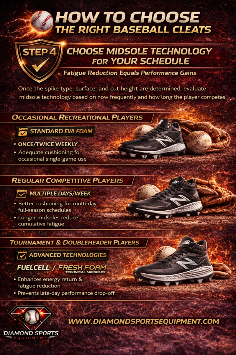 Step 4 baseball cleats infographic explaining midsole technology differences for recreational, competitive, and tournament players with energy return and fatigue reduction benefits