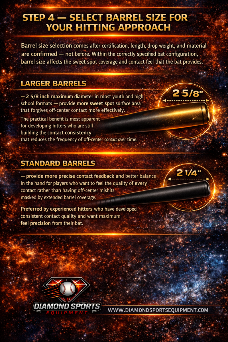 Baseball bat barrel size infographic comparing larger vs standard barrels for sweet spot coverage and contact feel on a fiery cosmic background with Diamond Sports Equipment branding