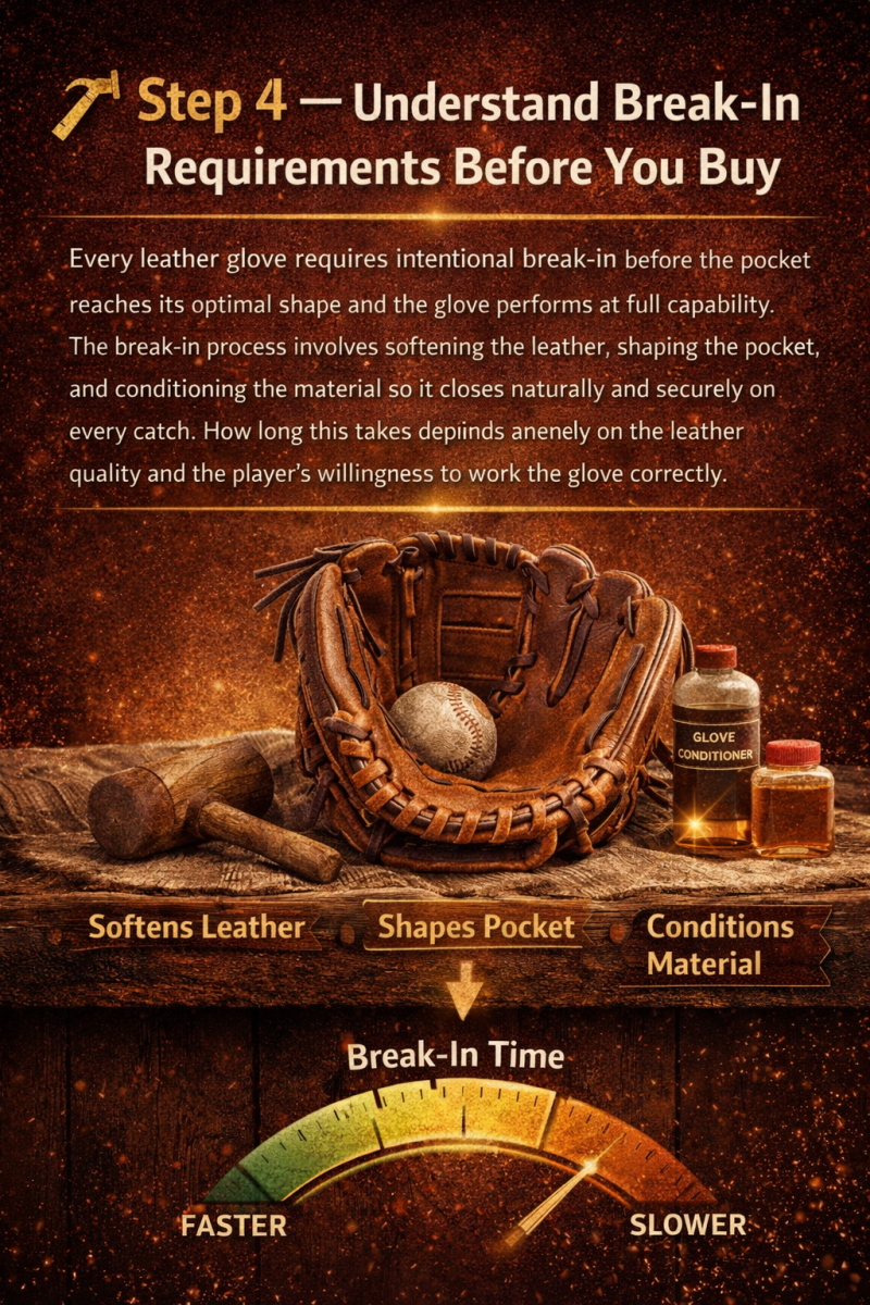 Step 4 baseball glove break-in process showing mallet, conditioner, and glove shaping steps for faster break-in and optimal pocket formation