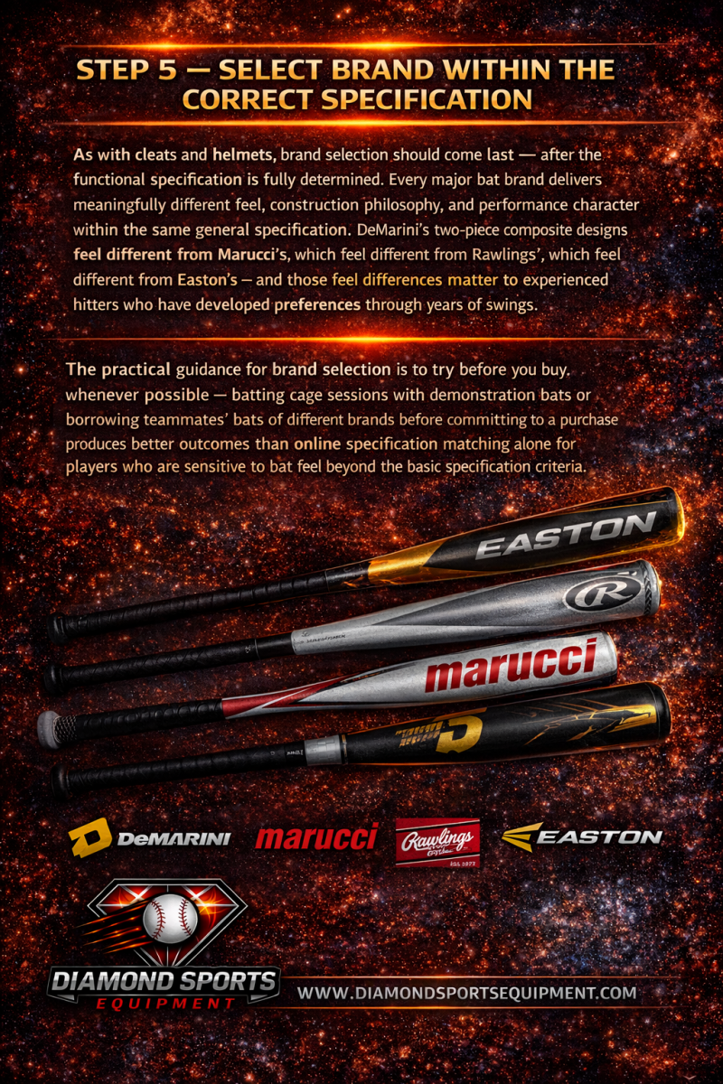 Baseball bat brand selection infographic explaining bat feel differences and try-before-you-buy approach on a fiery cosmic background with Diamond Sports Equipment logo and website