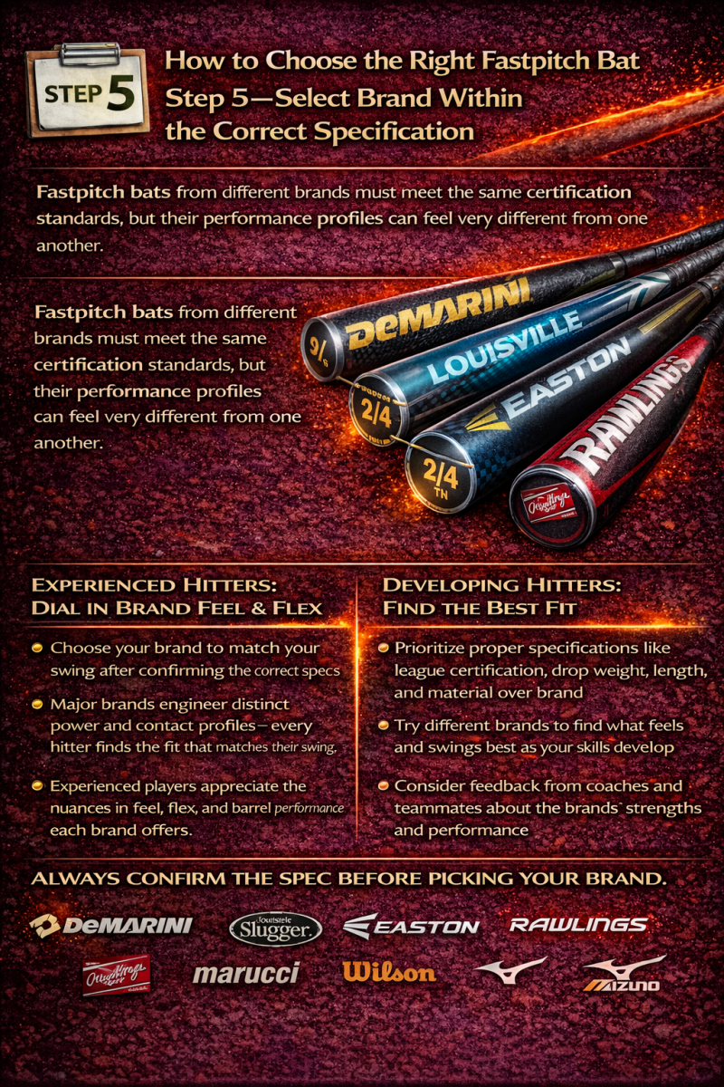 Fastpitch bat brand selection guide emphasizing choosing the correct specifications first, then matching brand feel to swing style.