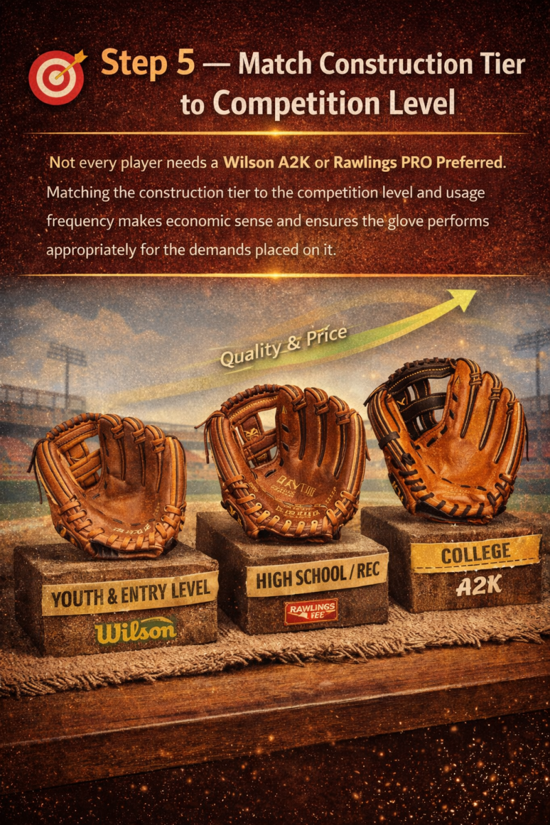 Step 5 baseball glove construction tiers comparison showing youth, high school, and pro level gloves matched to competition level