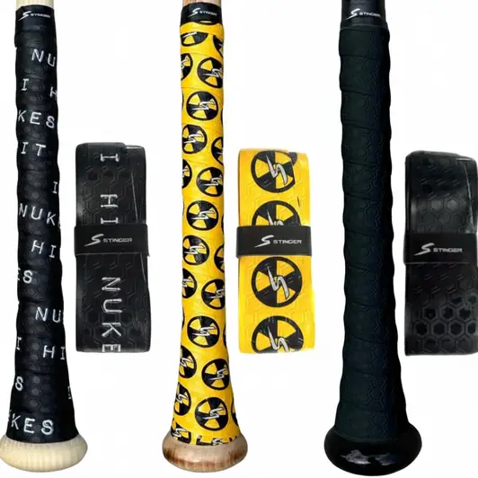 Stinger Sports Premium Polymer Bat Grip wrapped on a bat handle displaying its consistent cushioned polymer surface.