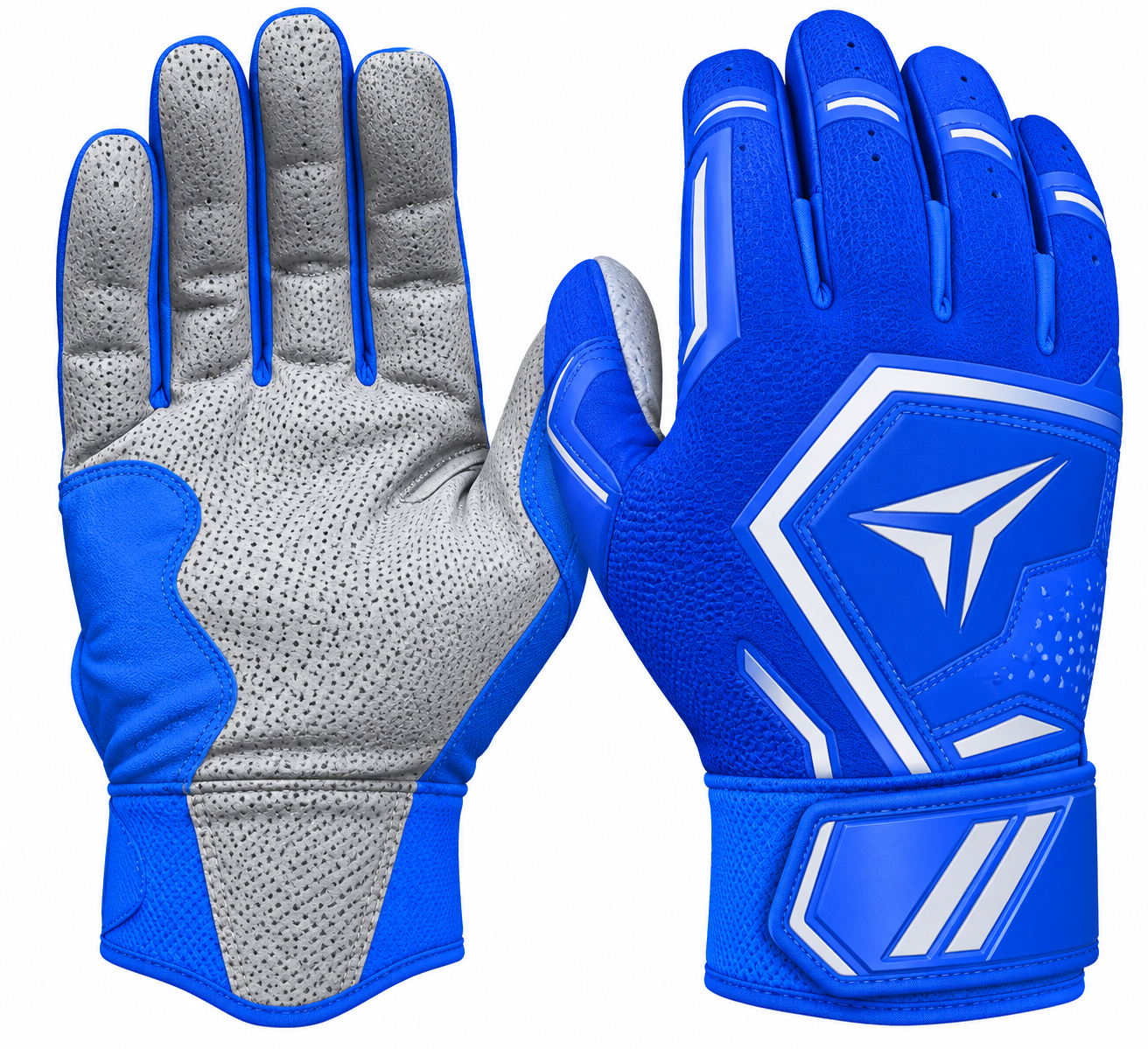 Batting gloves by Stinger Sports with a short cuff, in royal blue and gray.