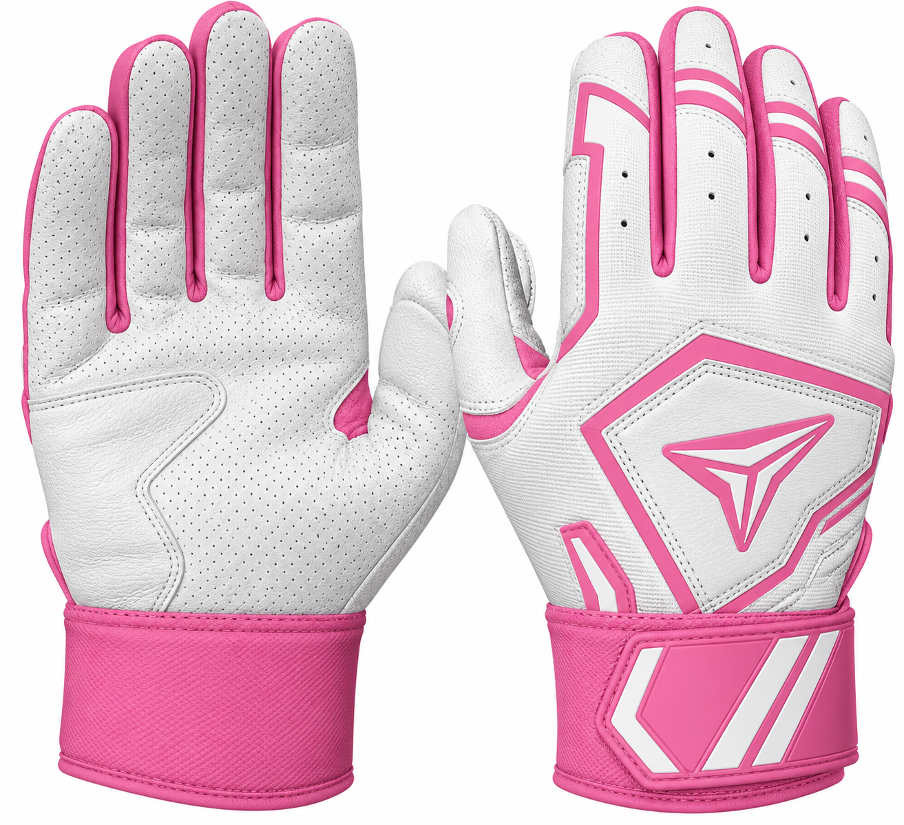 Batting gloves by Stinger Sports in white, with pink trim and wrist strap.