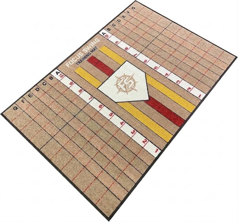 StrideRightMats Dual Purpose Instructional Setup, Stance, Stride & Swing Training & Batting Mat, a turf batting mat with a printed labeled grid system for tracking foot position.