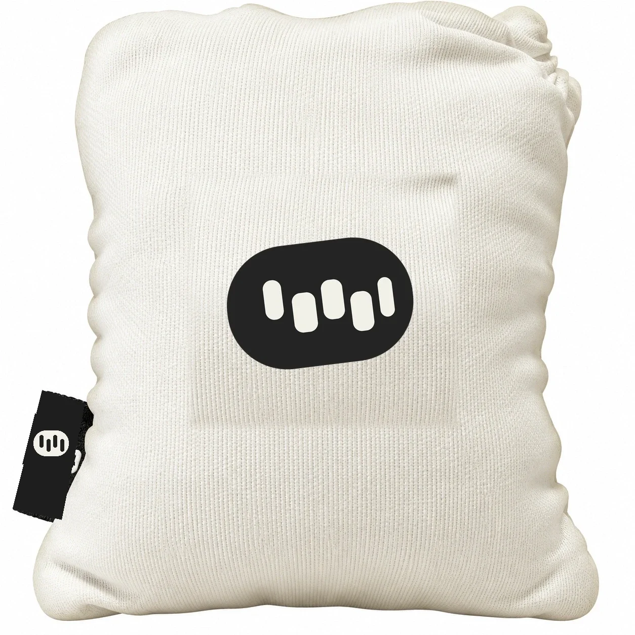Large rosin bag by Stuff Plus, cream knit pouch with a black side tab.