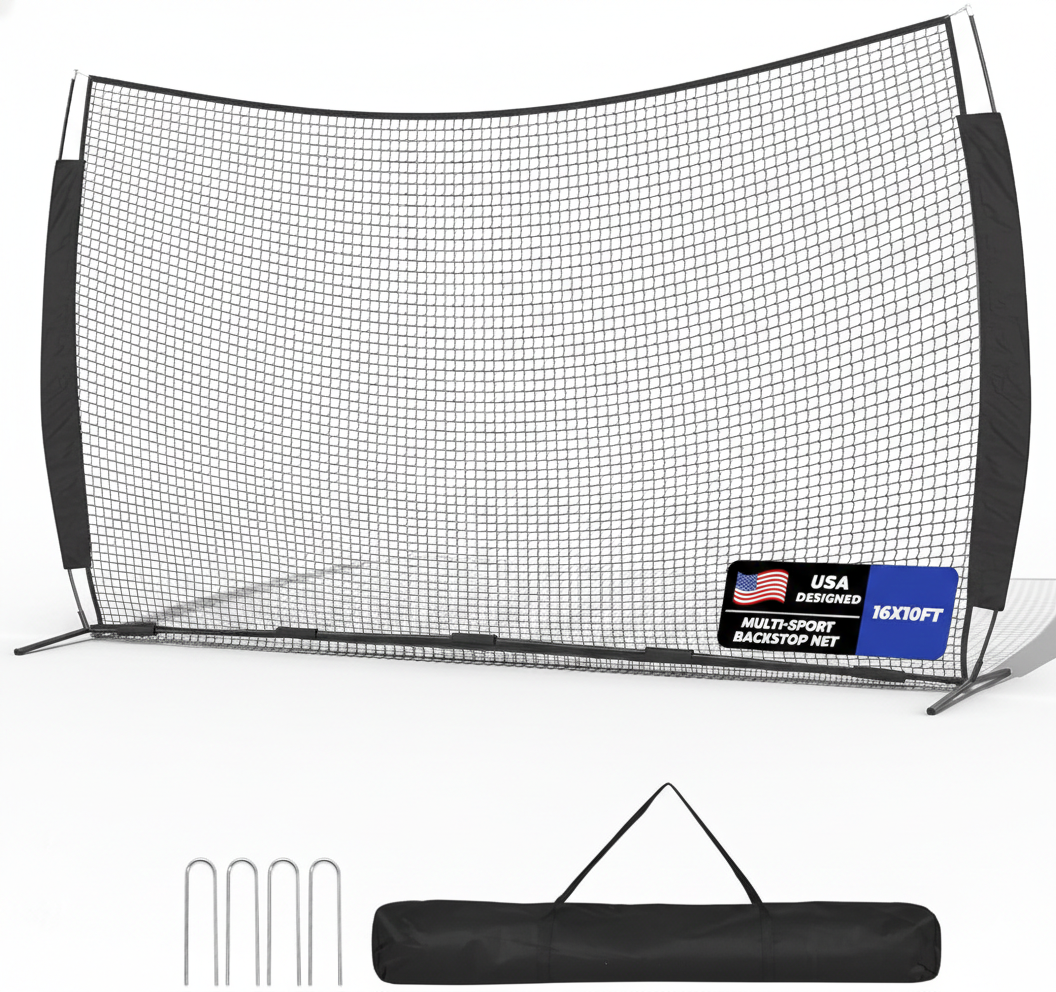 Sturdum Barricade Backstop Net displayed in its largest configuration showing heavy-gauge steel pole frame and reinforced polyethylene net panel against a neutral background.