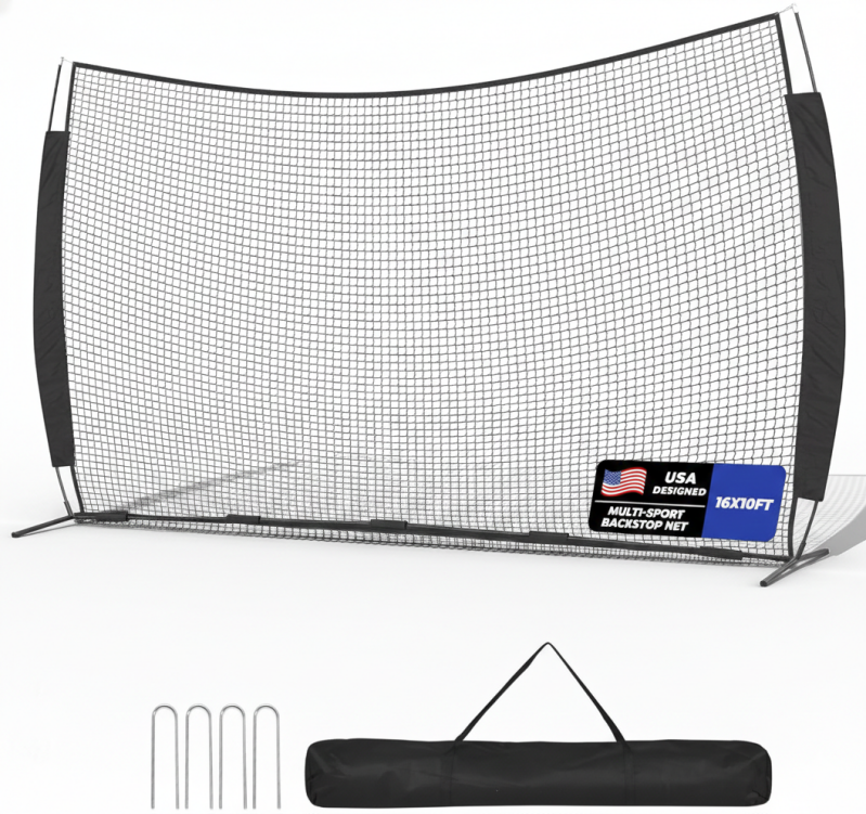 Sturdum Barricade Backstop Net, 12x9ft/16x10ft/20x10ft displayed showing its multi-size barricade configuration with steel pole base.
