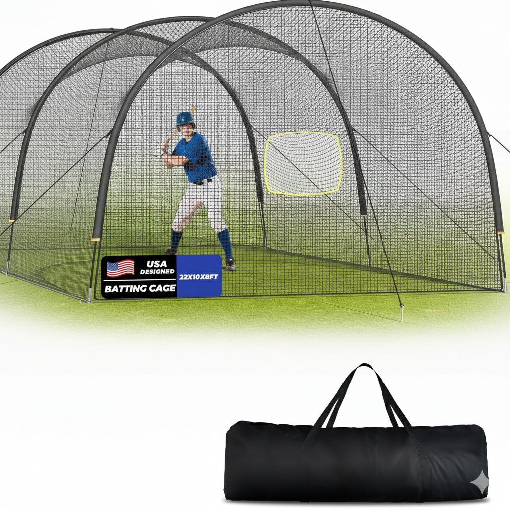 Sturdum Batting Cage, 22'L/30'L/35'L/55'L/70'L displayed showing its five-length complete kit with included poles and ground stakes.