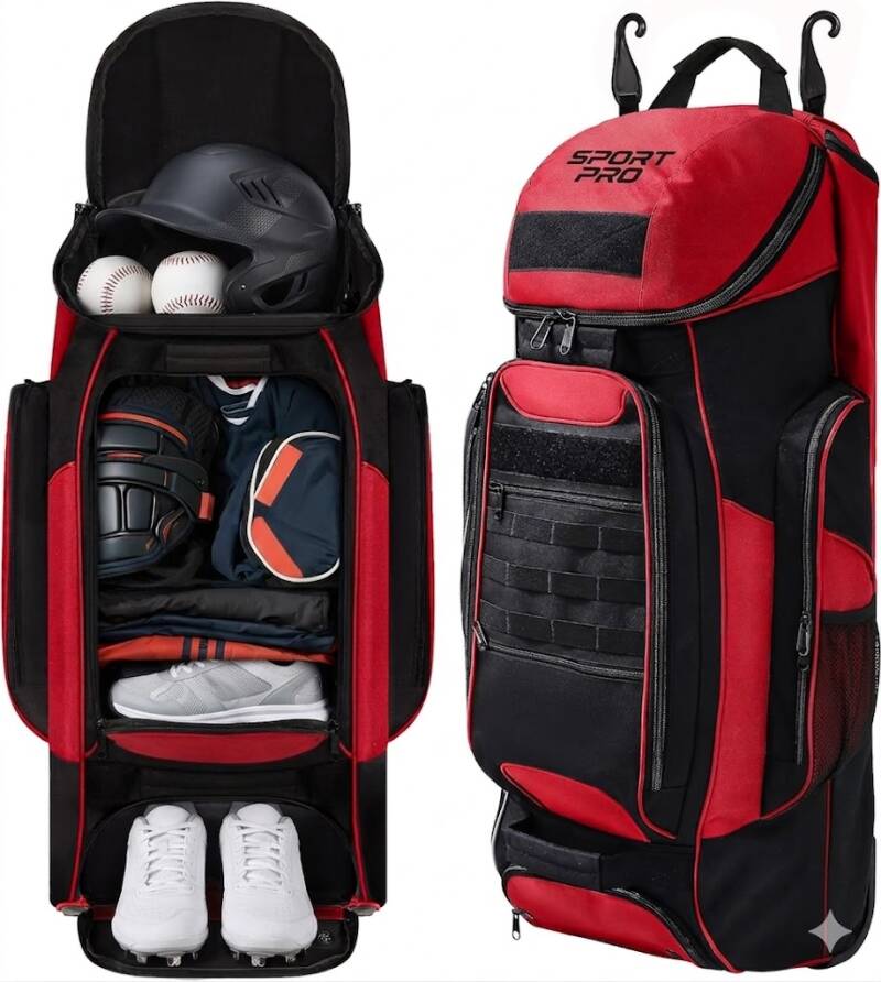 Red and black rolling equipment bag shown open with a helmet, catcher's gear, and cleats.
