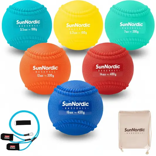 SunNordic Plyometric Weighted Baseball Set with seamed construction shown for explosive arm action and full-motion pitching development training.