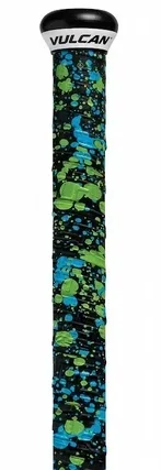 Supacaz Super Sticky Kush Splat Ice Blue 1.1mm baseball bat grip displayed on a bat handle showing its ink-splatter graphic design and high-tack polymer surface.