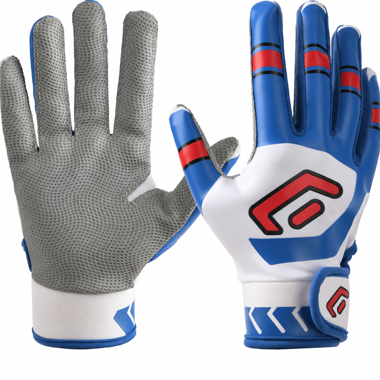 Batting gloves for youth, in blue, white, and red with gray palms.