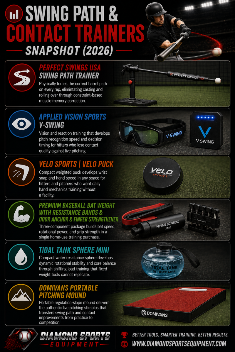 Swing path and contact trainers snapshot featuring swing trainers, baseball vision training tools, resistance band bat speed trainers, portable pitching mounds, and Diamond Sports Equipment branding.