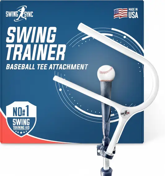 Swing Sync Baseball Swing Trainer displayed showing its wearable harness design and elastic resistance band connection between hips and shoulders.