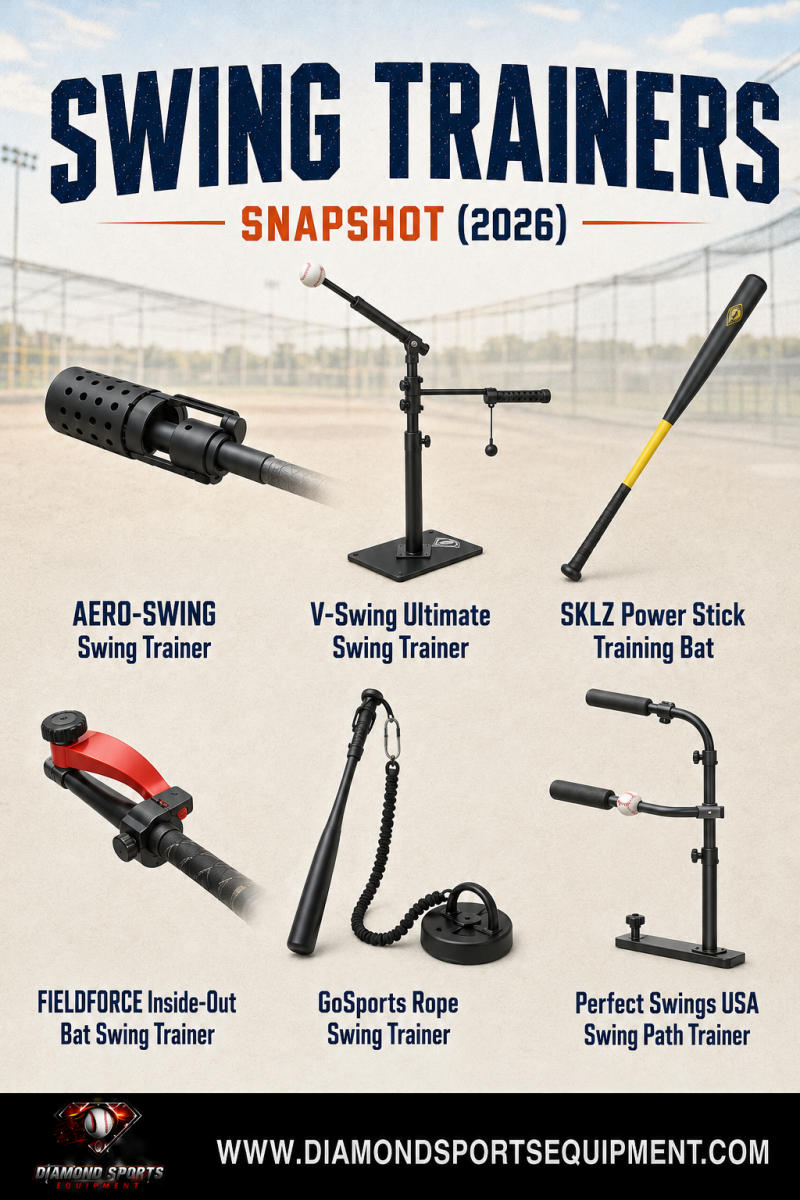 Swing trainers snapshot showing a bat weight, tee trainer, training bat, inside-out trainer, rope trainer, and swing path trainer.