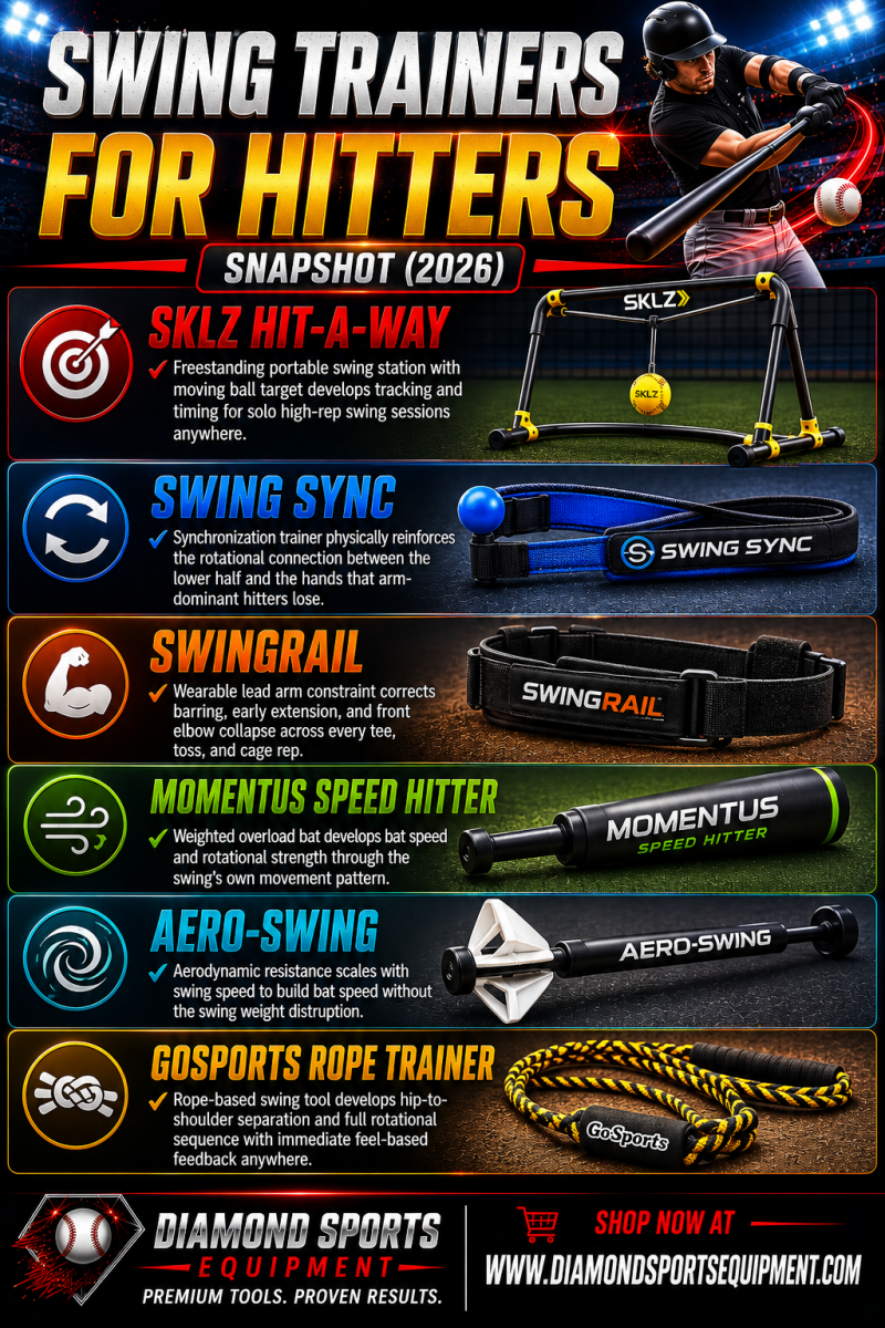 Swing trainers for hitters snapshot featuring SKLZ Hit-A-Way, Swing Sync, SwingRail, Momentus Speed Hitter, Aero-Swing, and GoSports rope swing trainer with Diamond Sports Equipment branding.