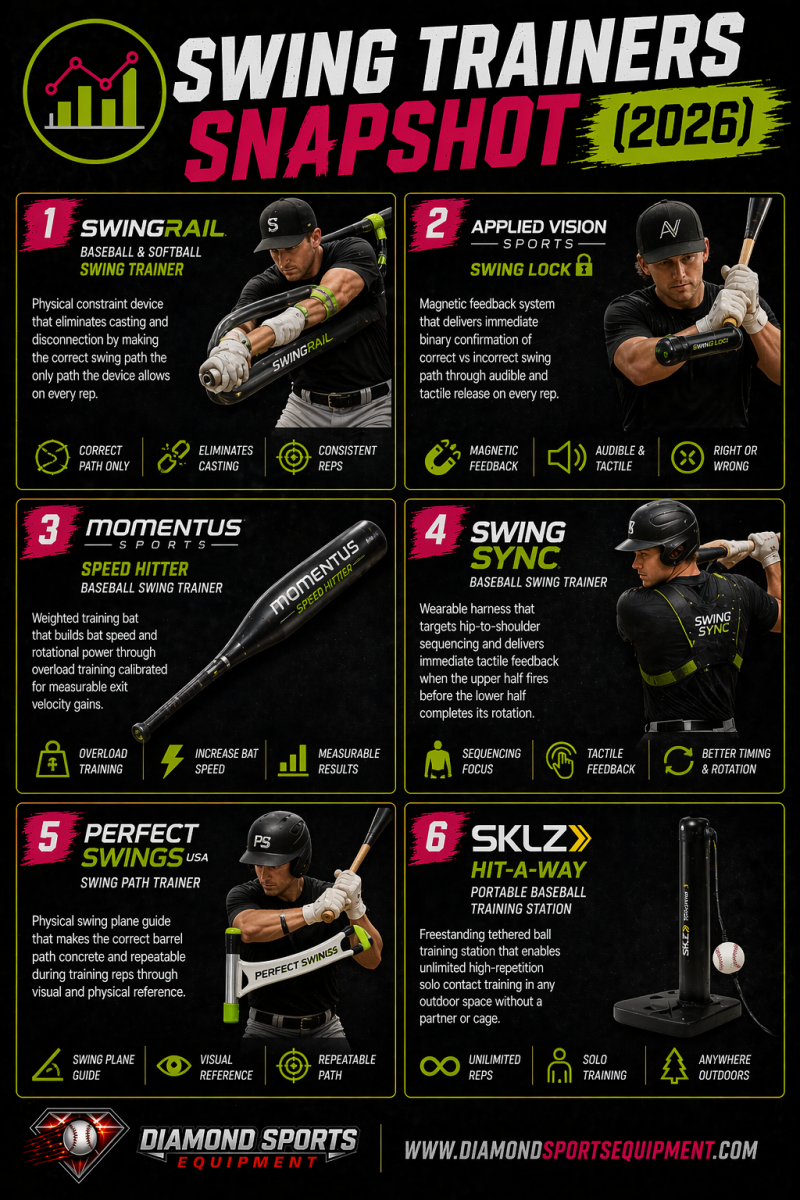 Swing trainers snapshot infographic showing six training tools in a 2x3 grid with product names and Diamond Sports Equipment branding.