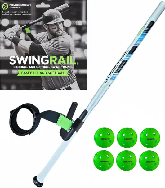SWINGRAIL Baseball and Softball Swing Trainer displayed showing its wearable arm brace design and physical constraint connection to the bat handle.
