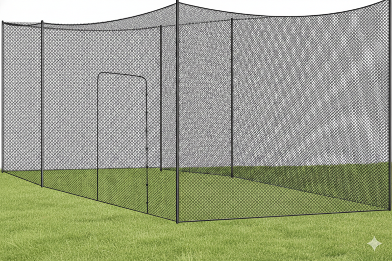 Heavy-duty batting cage net for baseball training and practice sessions.
