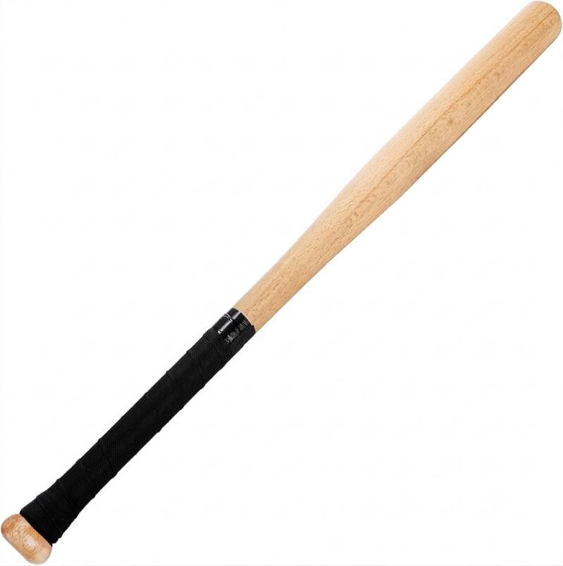 Tebery Wooden Baseball Bat Solid in natural wood with a full-length black taped handle for training and recreational play.