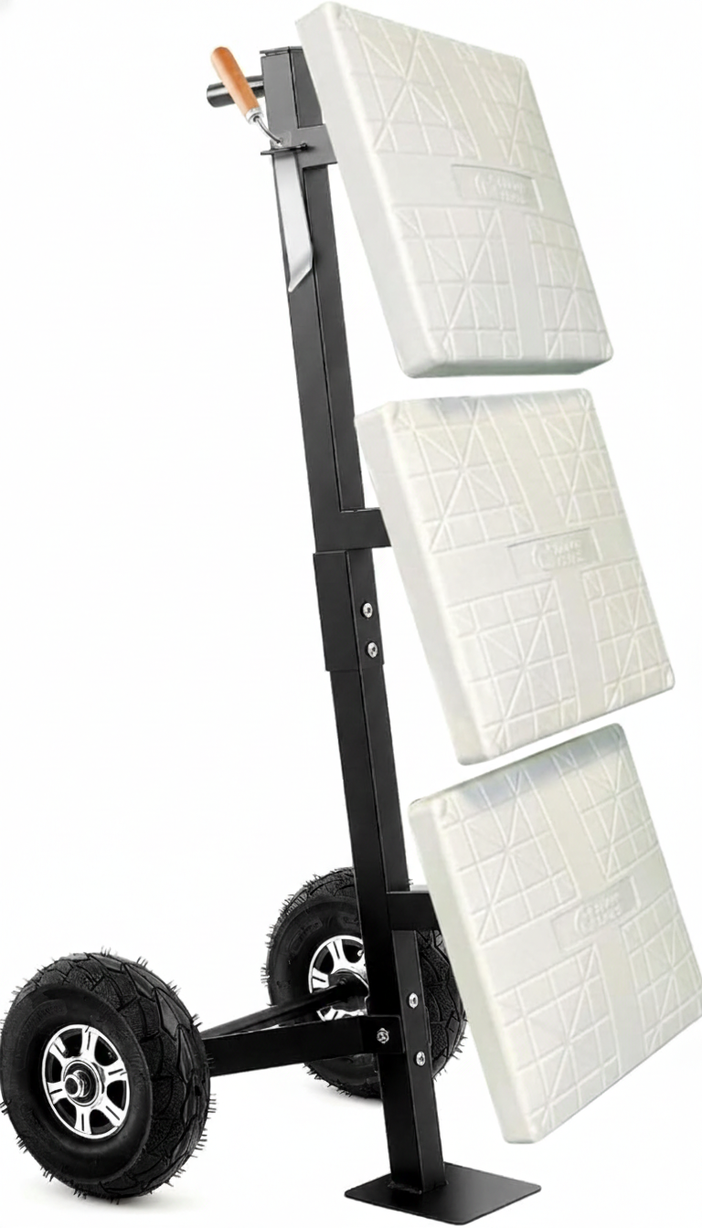 Heavy-duty black softball and baseball base cart with wheels, 15.7"x15.7"x45.7", compatible with female anchors.