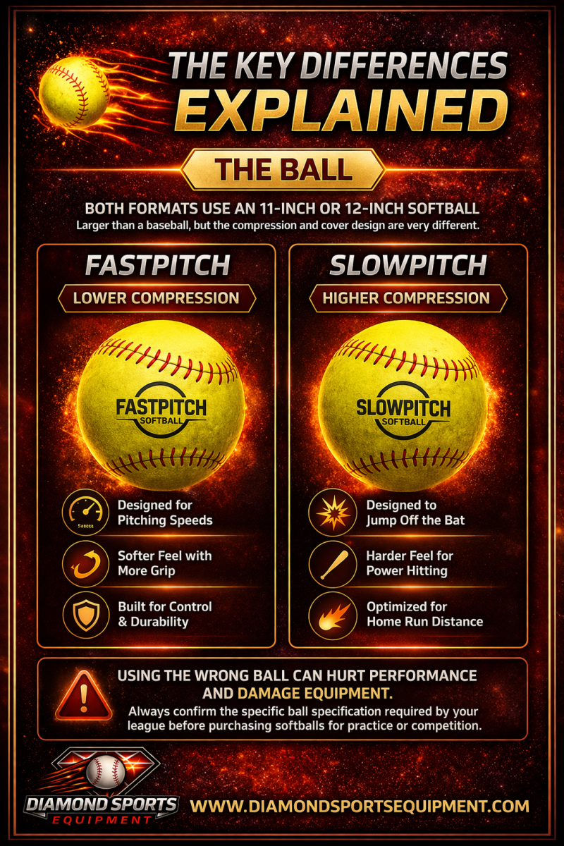Softball compression differences infographic showing low-compression fastpitch balls and high-compression slowpitch balls.